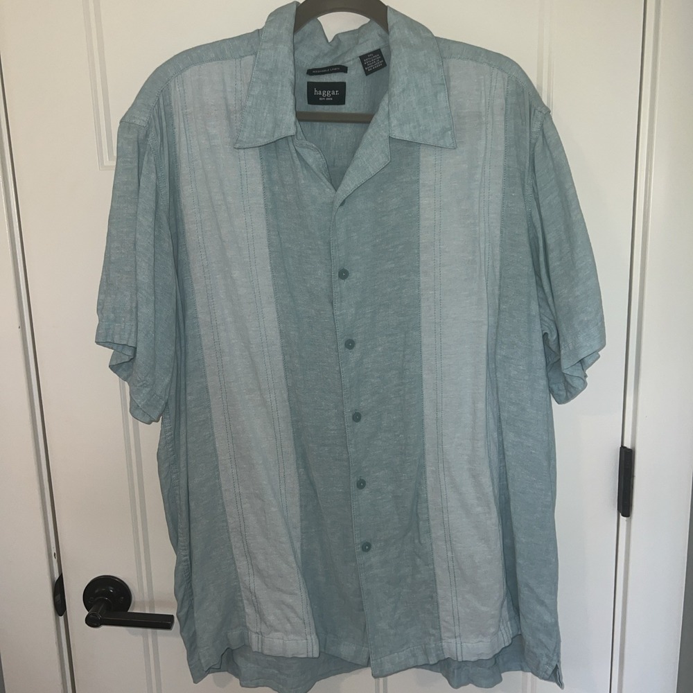 Linen Blend Shirt 2XL‎ XXL Aqua Blue Button Up Short Sleeve Beach Hawaiian